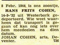 Appeal for information about Hans Frits Cohen