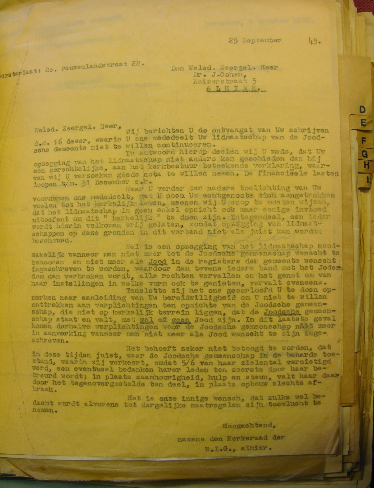Letter from Dr. Johan Cohen, 1945
